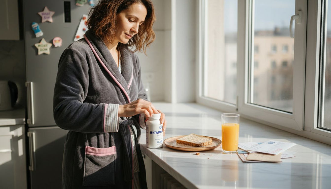Жена започва деня си със сутрешните витамини в кухнята.