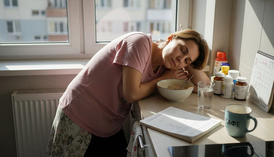 Уморена жена започва деня си в кухнята, търсейки енергия с витамини.