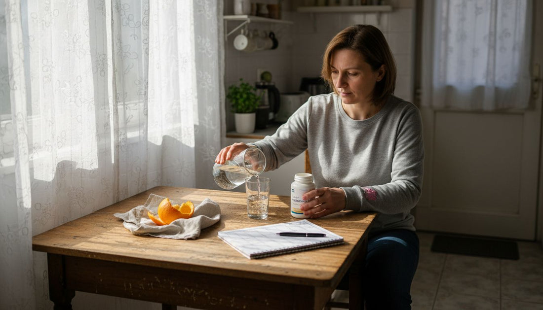 Жена седи на кухненската маса и приготвя витамините си за деня.