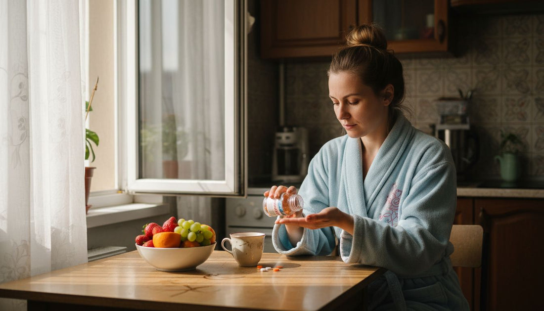 Жена сяда на кухненската маса и приема витамините си, за да започне деня си здравословно.