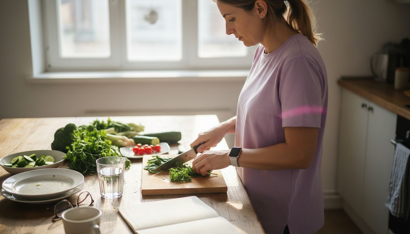 Жена почиства и нарязва пресни зелени подправки в кухнята си.