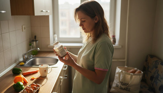Жена разглежда опаковка с витамини в кухнята на апартамента си.