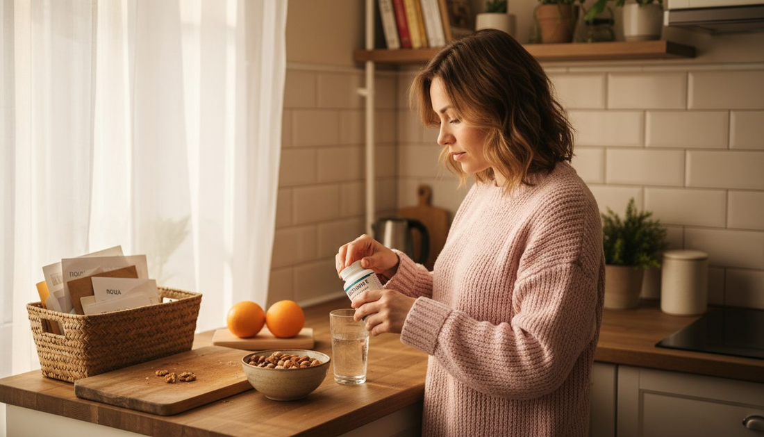 Жена в кухнята си взема витамин Е.