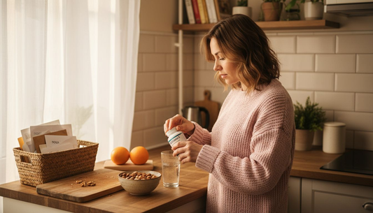 Жена в кухнята си взема витамин Е.