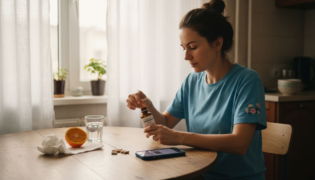 Жена подрежда пробиотици върху кухненската маса