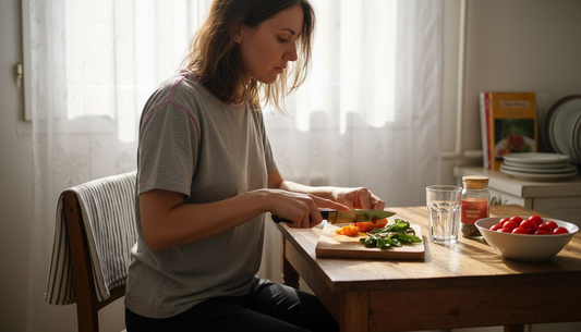 Жена приготвя пресни зеленчуци в кухнята, подготвяйки здравословна вечеря за семейството си.