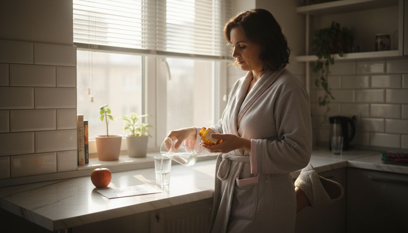 Жена приготвя витамините си на слънчева кухня, докато се радва на топлата светлина.