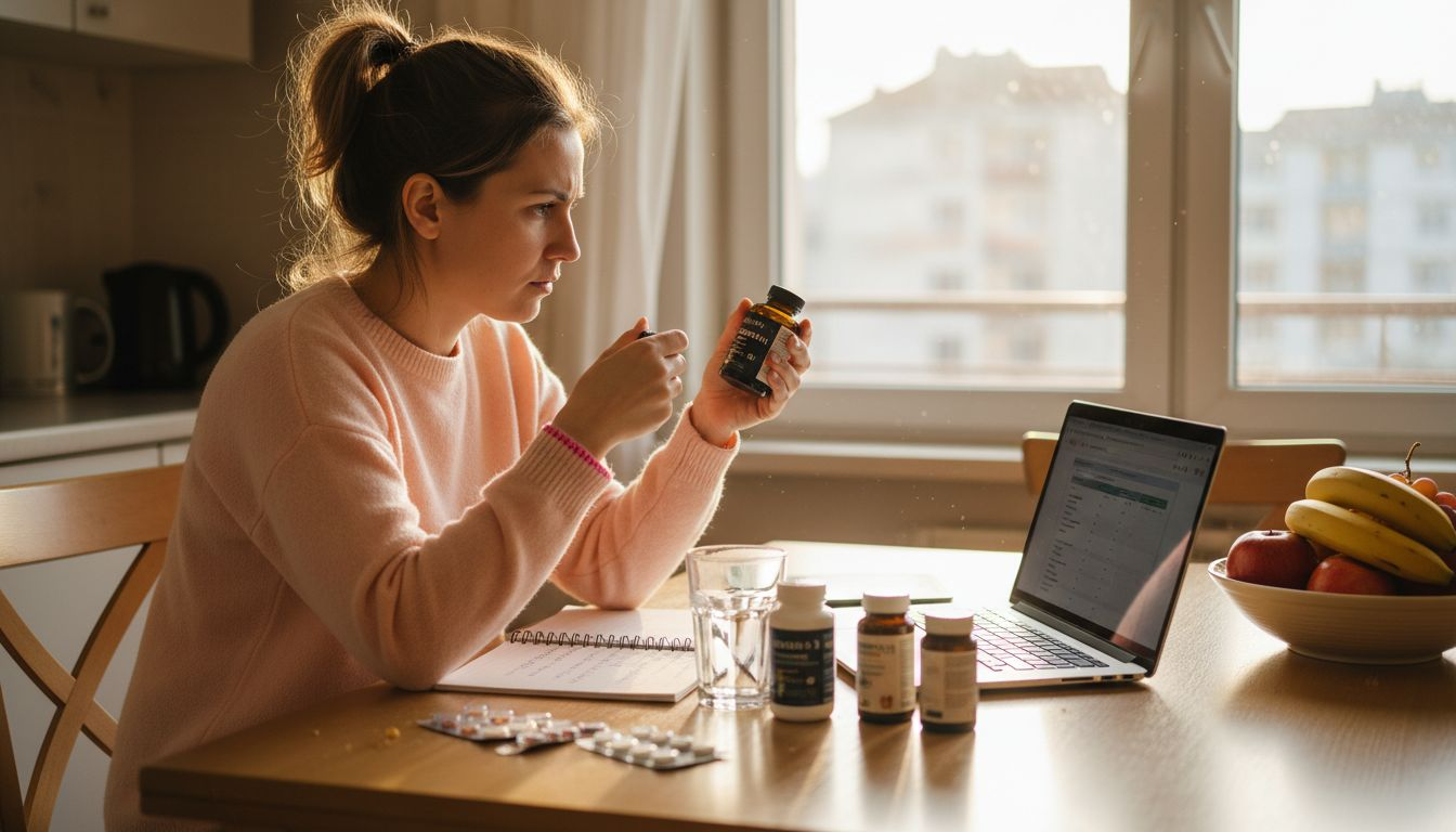Жена седи на кухненската маса и се чуди кои витамини да избере.