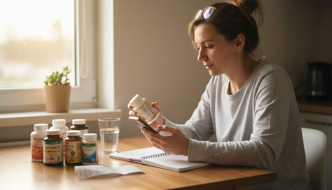 Жена седи на кухненската маса и разглежда внимателно различни витамини, обмисляйки кой е най-подходящ за нея.