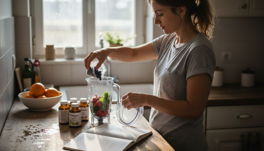 Жена си прави здравословен шейк върху кухненския плот.