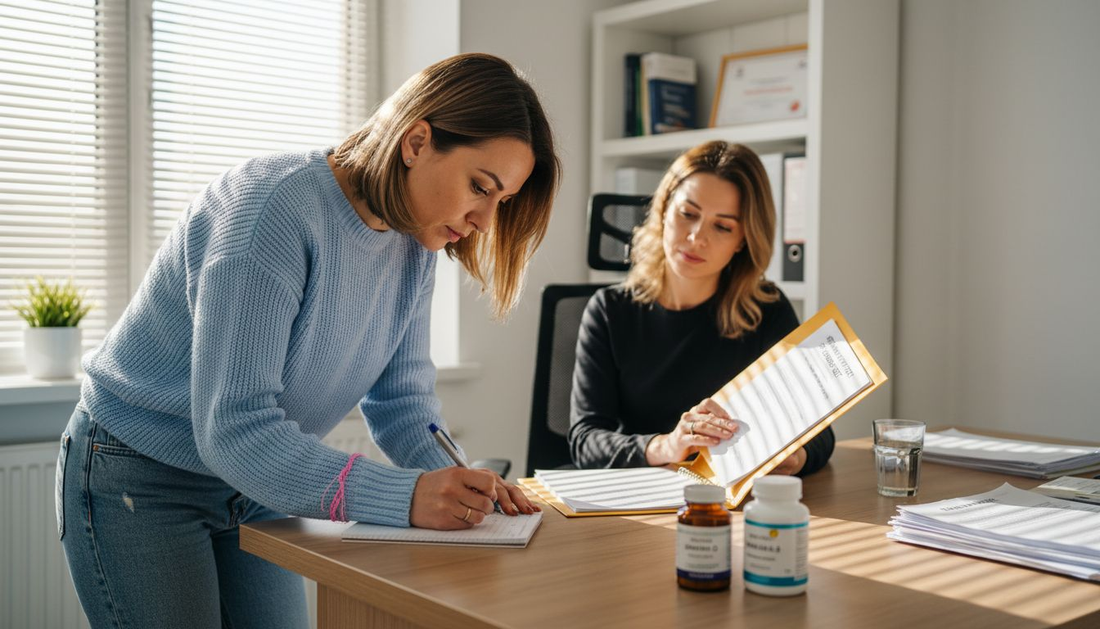 Жена се консултира с диетолог относно избора на подходящи витамини за здравето си.