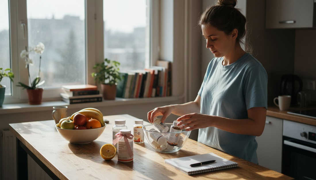 Жена подрежда хранителните добавки на светлата кухненска маса, като внимателно ги сортира и организира.