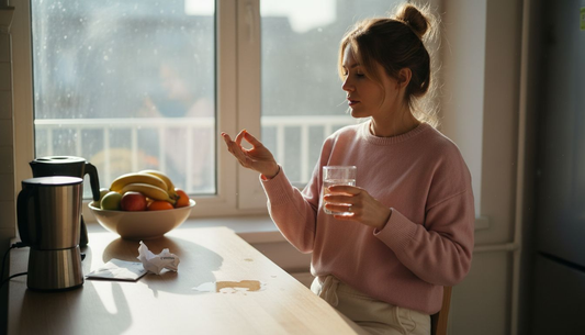 Млада жена започва деня си в светлата кухня, като взима мултивитамини за здраве и енергия.