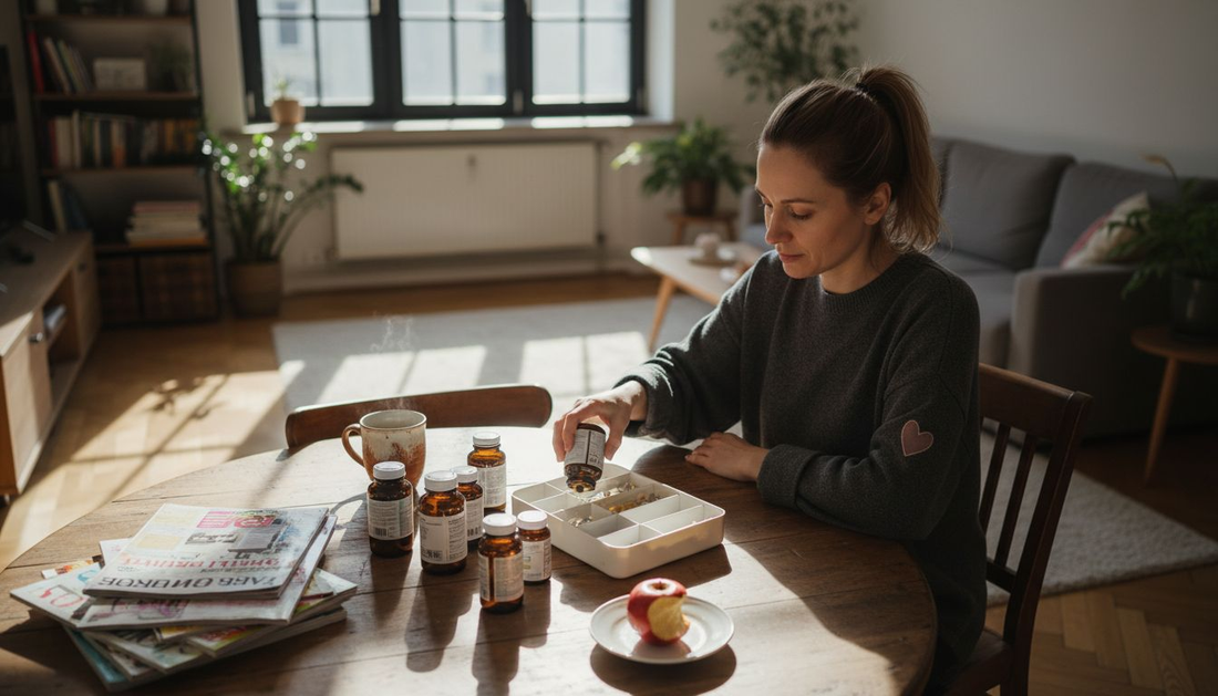 Жена подрежда витамините си на кухненската маса.