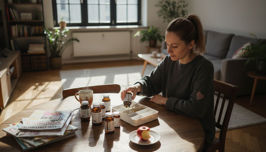 Жена подрежда витамините си на кухненската маса.