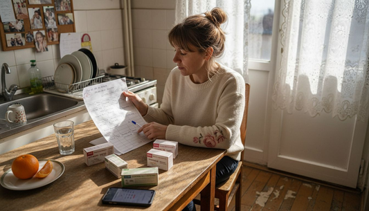 Жена сяда на масата и обмисля как най-добре да разпредели приема си на витамини през деня.