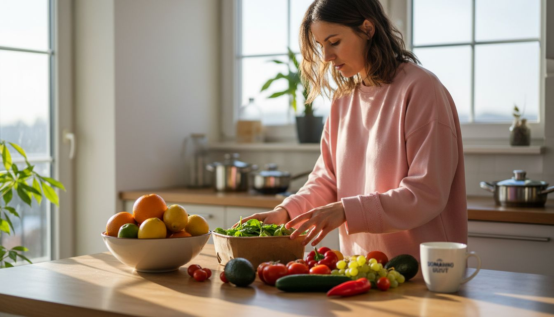 Млада жена старателно подрежда свежи плодове и витамини върху кухненската маса, готова да се погрижи за здравето на семейството си.