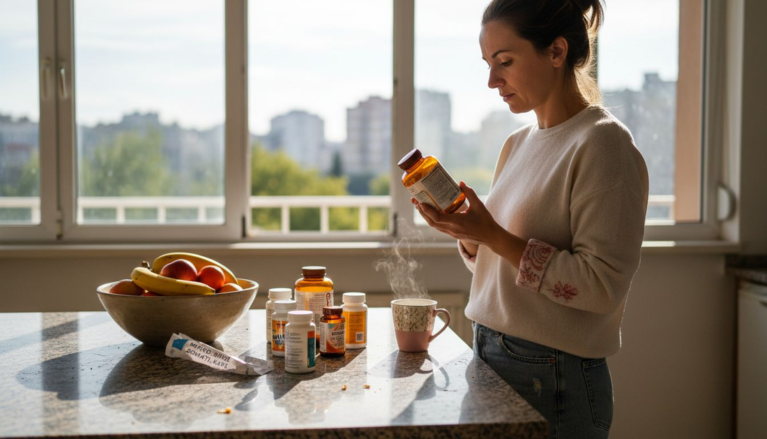 Жена подрежда витамини върху кухненския плот, като внимателно ги сортира и избира кои да приеме днес.