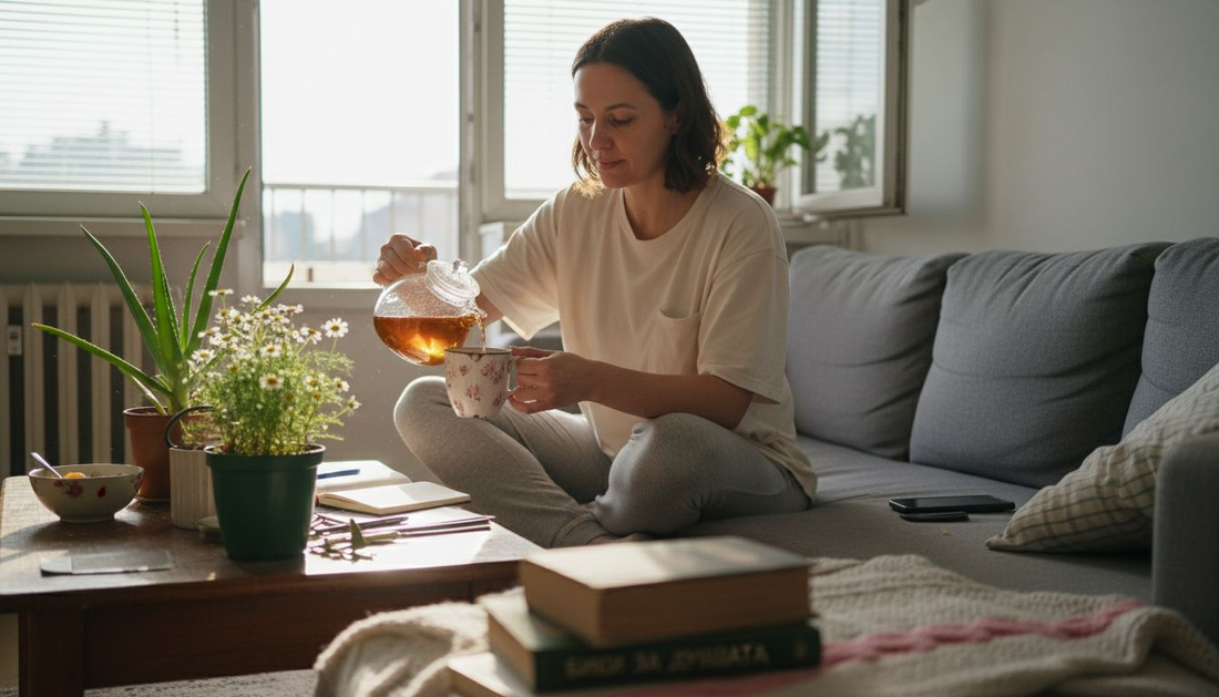 Жена се наслаждава на билков чай в слънчева всекидневна, потопена в уют и спокойствие.