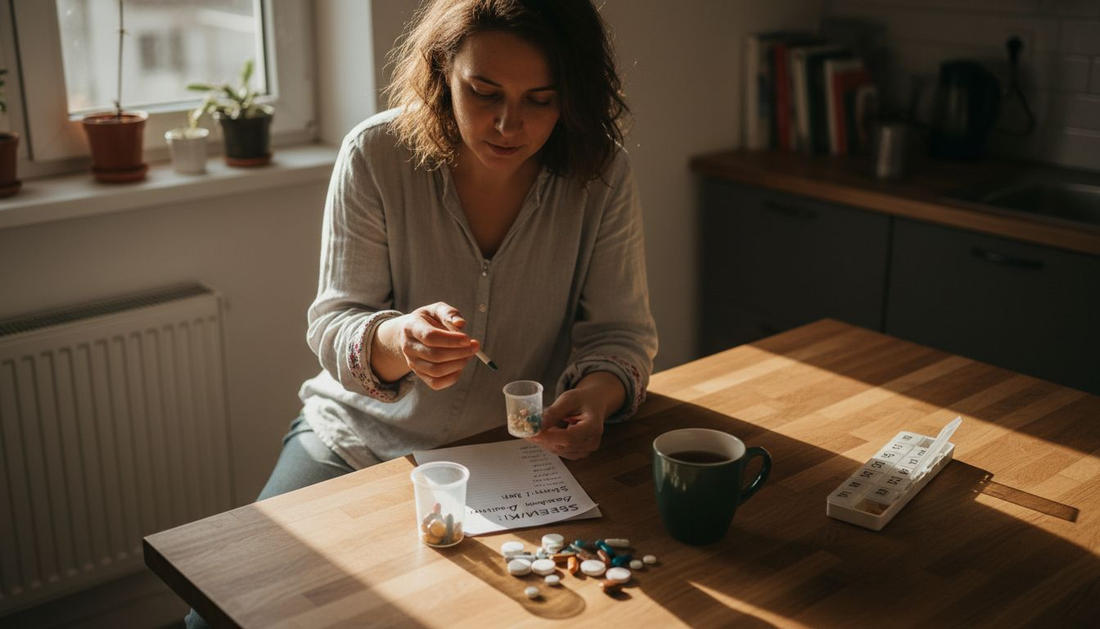 Жена разглежда кутийки с витамини на кухненската маса.