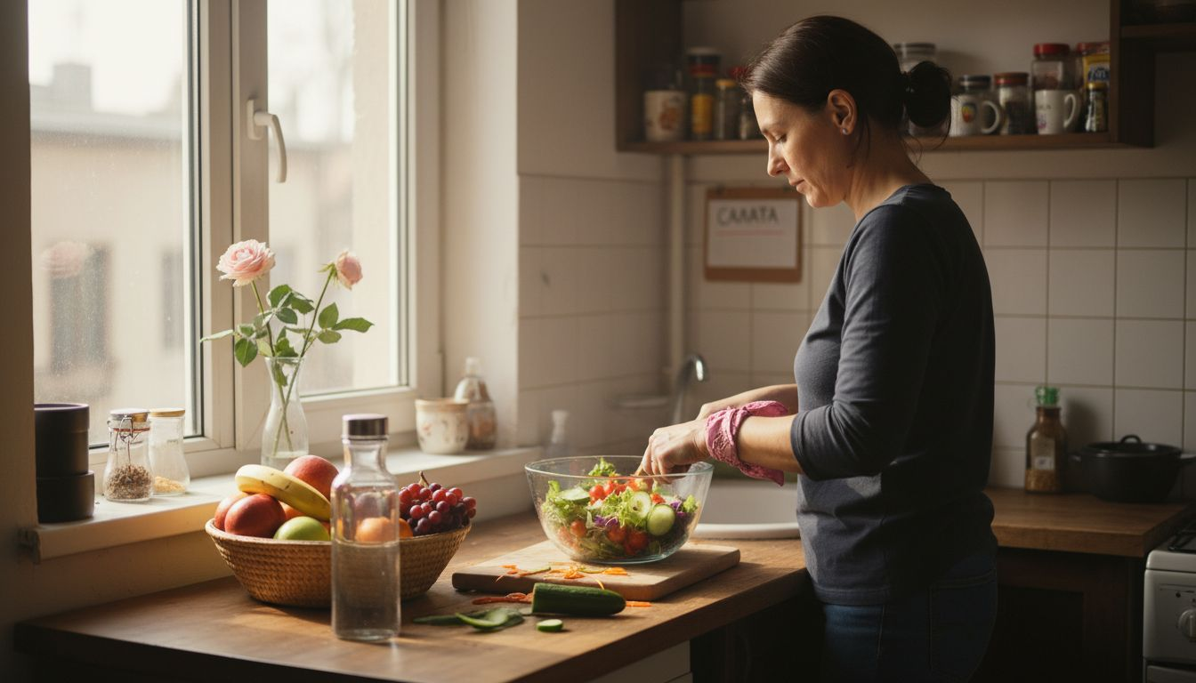 Жена нарязва свежа салата в кухня, огряна от слънчеви лъчи.