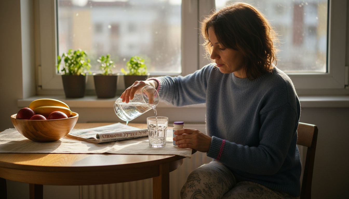 Жена сяда на кухненската маса и приема витамин D, за да се погрижи за здравето си.