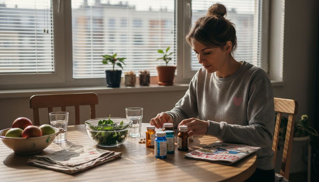 Жена разглежда различни витамини, докато седи на кухненската маса и обмисля кой е най-подходящият избор за здравето си.