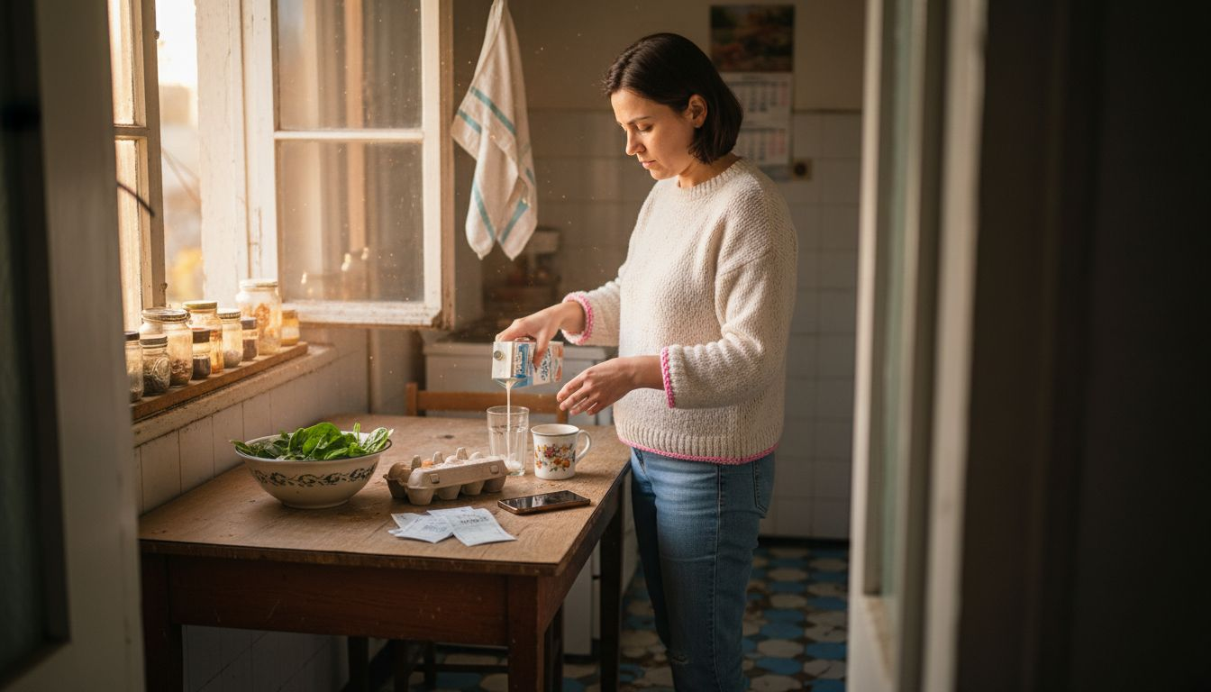Жена налива прясно мляко в кухнята си.