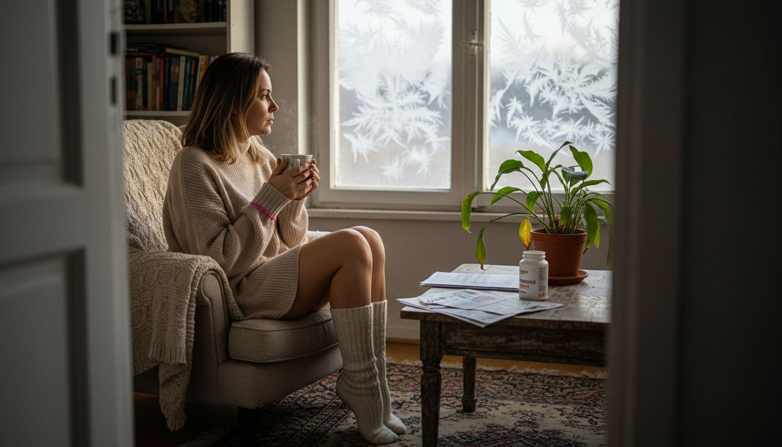 Жена седи до прозореца, покрит със скреж, и се наслаждава на топъл чай.