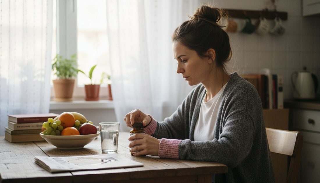 Жена сяда на кухненската маса и взима своите хранителни добавки.