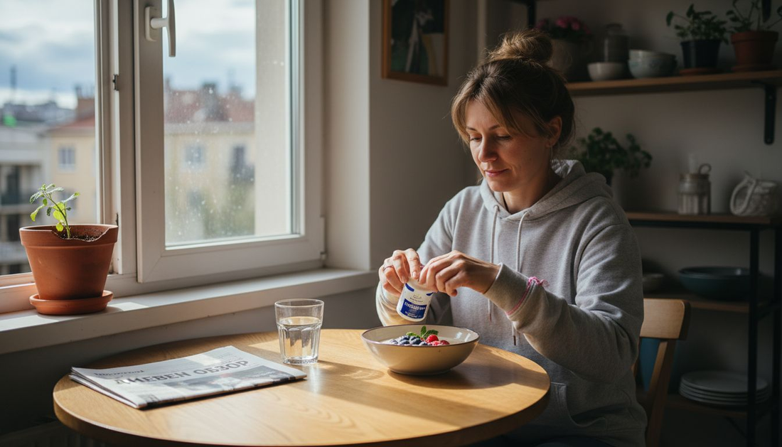 Жена сяда на кухненската маса, отваря кутийка с пробиотици и се готви да ги приеме като част от ежедневната си грижа за здравето.