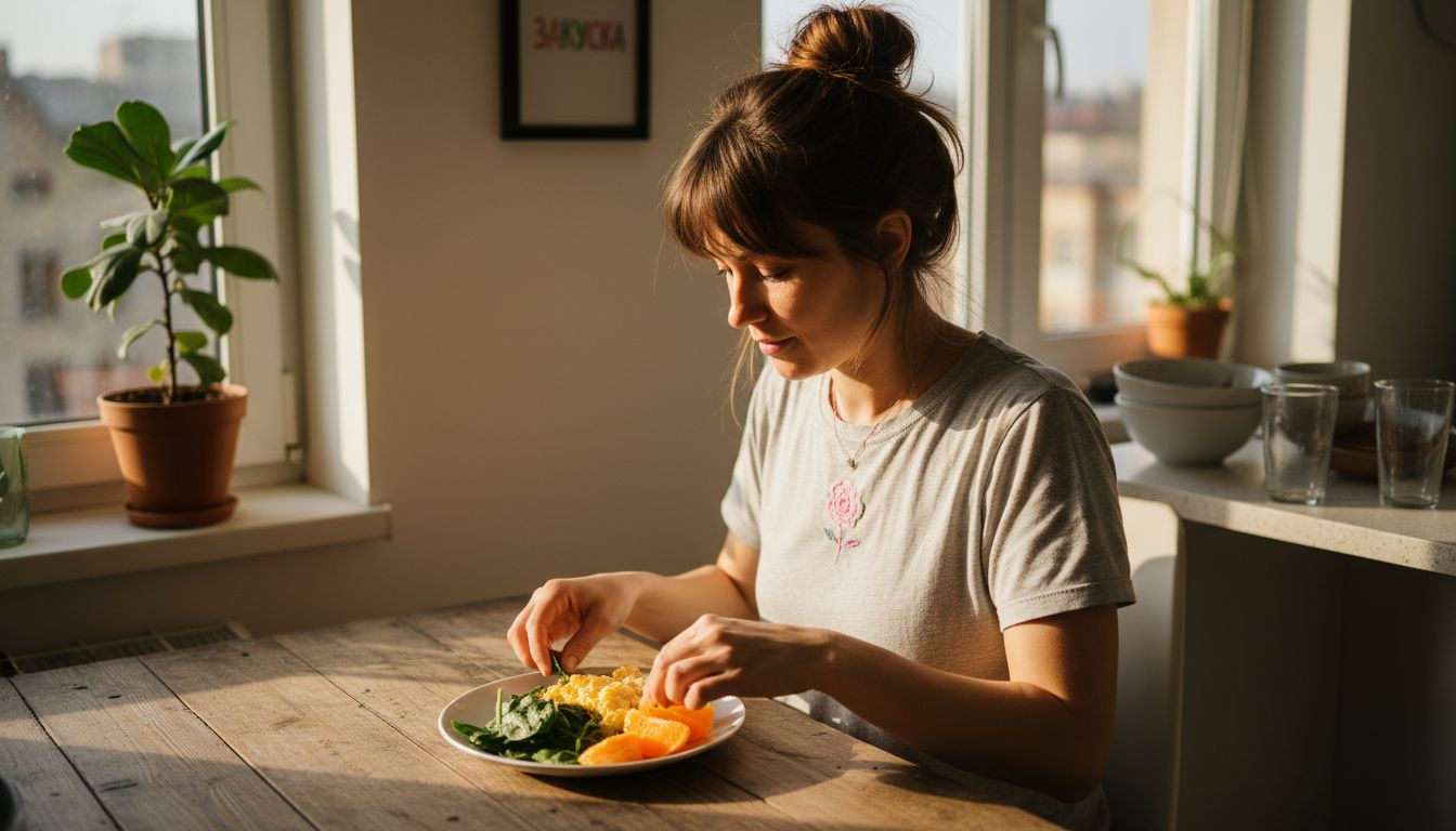 Млада жена приготвя здравословна закуска върху светъл кухненски плот, като се грижи всичко да е свежо и полезно.