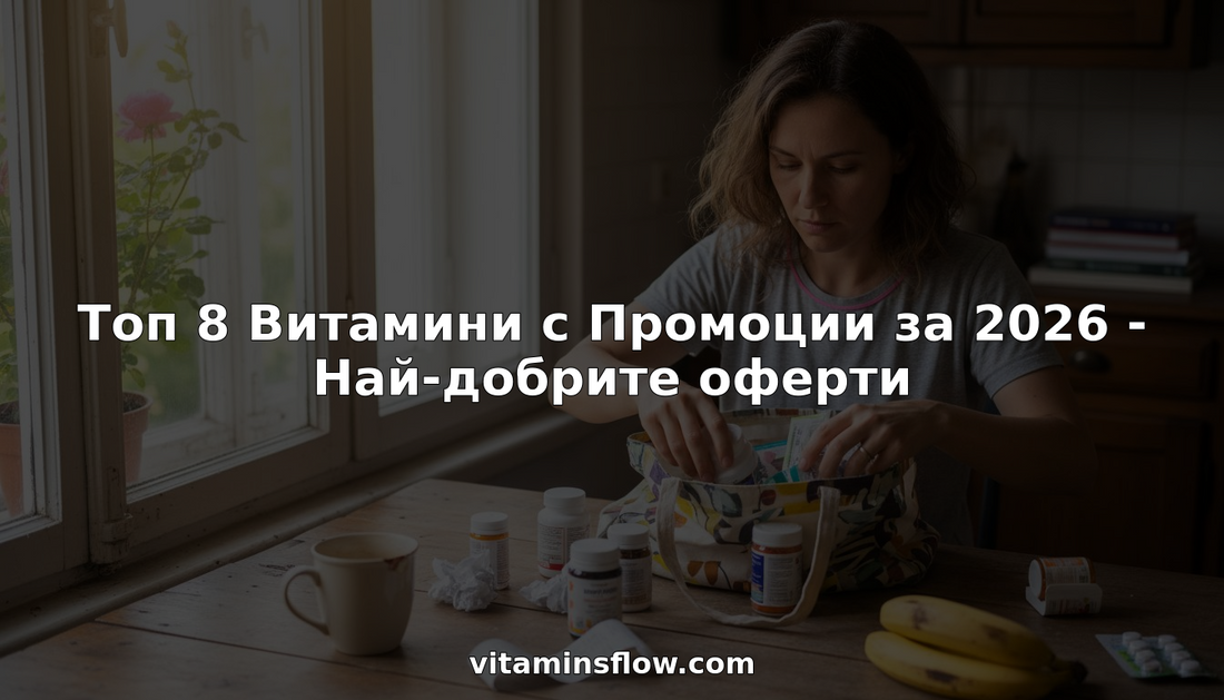 Жена подрежда витамини на масата в кухнята, огряна от слънчева светлина.