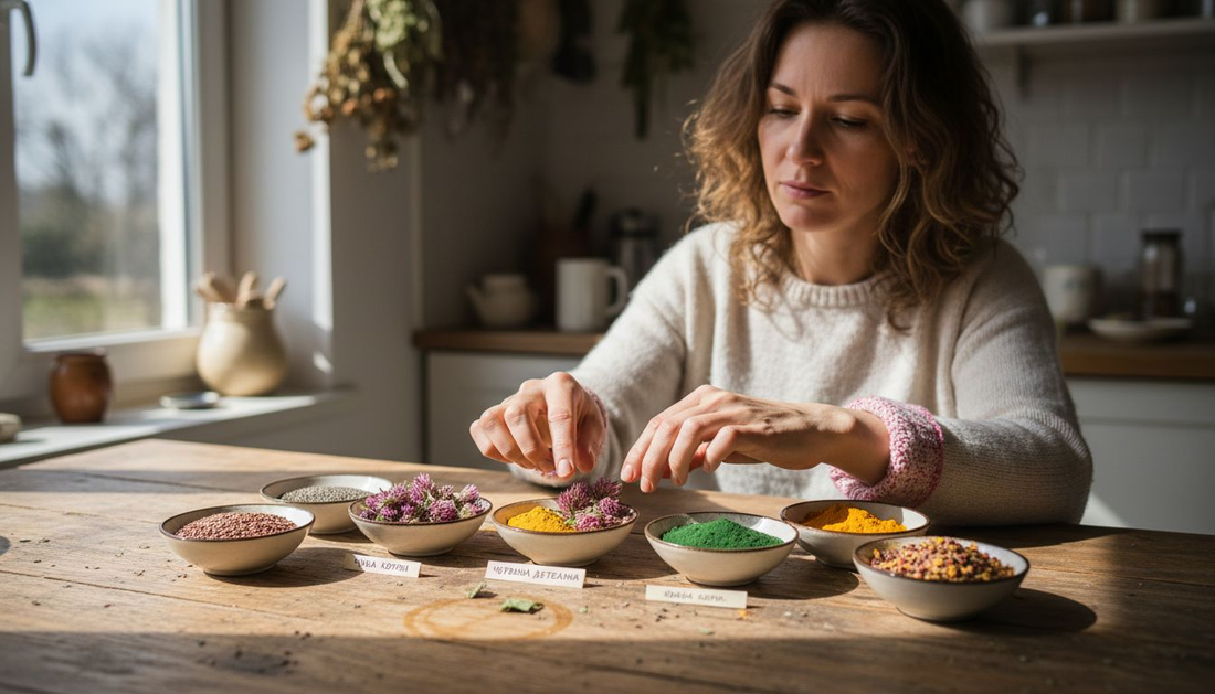 Жена седи на масата, пред нея са подредени седем свежи, здравословни билки.