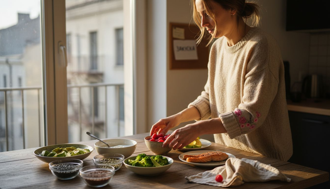 Жена подрежда пресни и здравословни продукти върху кухненската маса.
