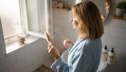 Млада жена сресва косата си пред огледалото в банята.