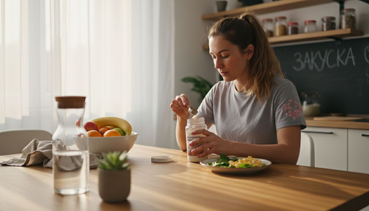 Жена приготвя здравословно ястие, като добавя хранителни добавки за още по-пълноценен резултат.