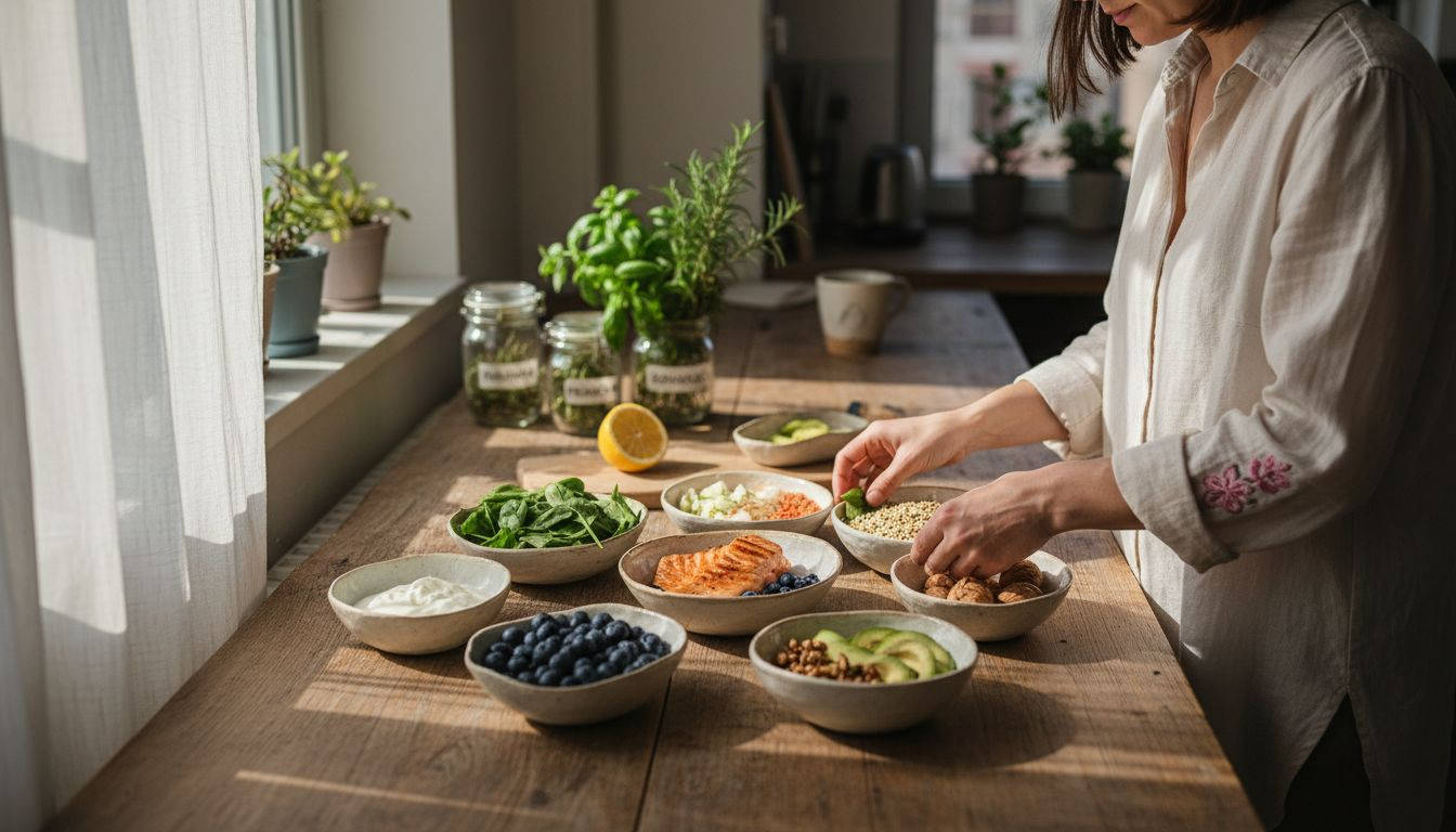 Жена приготвя полезни и пълноценни ястия за добро здраве.