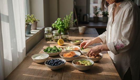 Жена приготвя полезни и пълноценни ястия за добро здраве.
