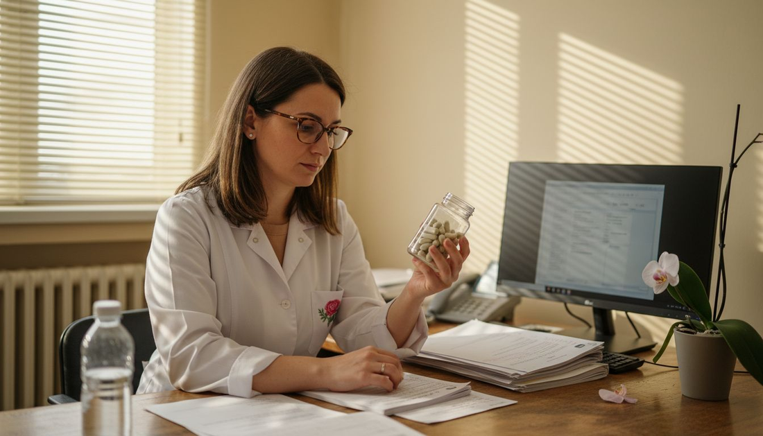 Лекарка преглежда опаковка с пробиотични капсули