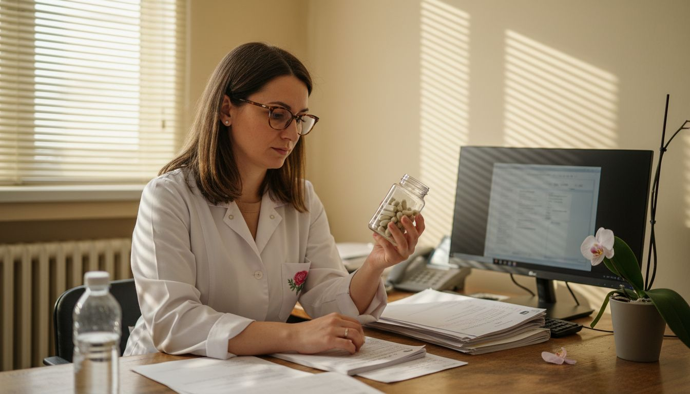 Лекарка преглежда опаковка с пробиотични капсули