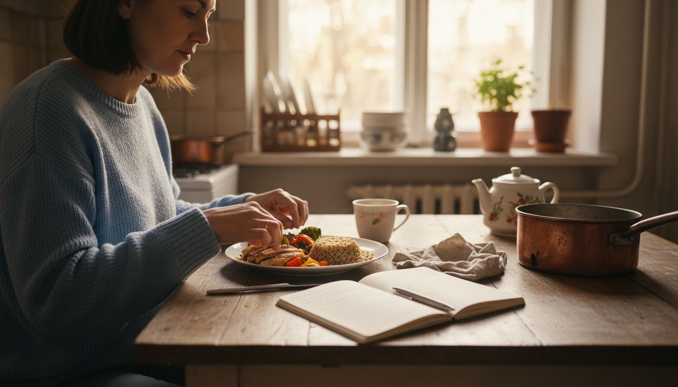 Жена приготвя здравословна вечеря на кухненската маса, като внимателно подбира съставките за балансирано хранене.