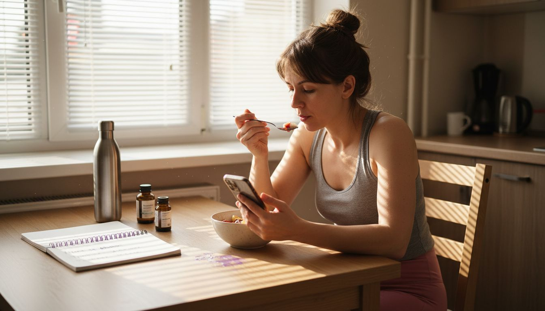 Жена се наслаждава на здравословна закуска, седнала на кухненската маса.