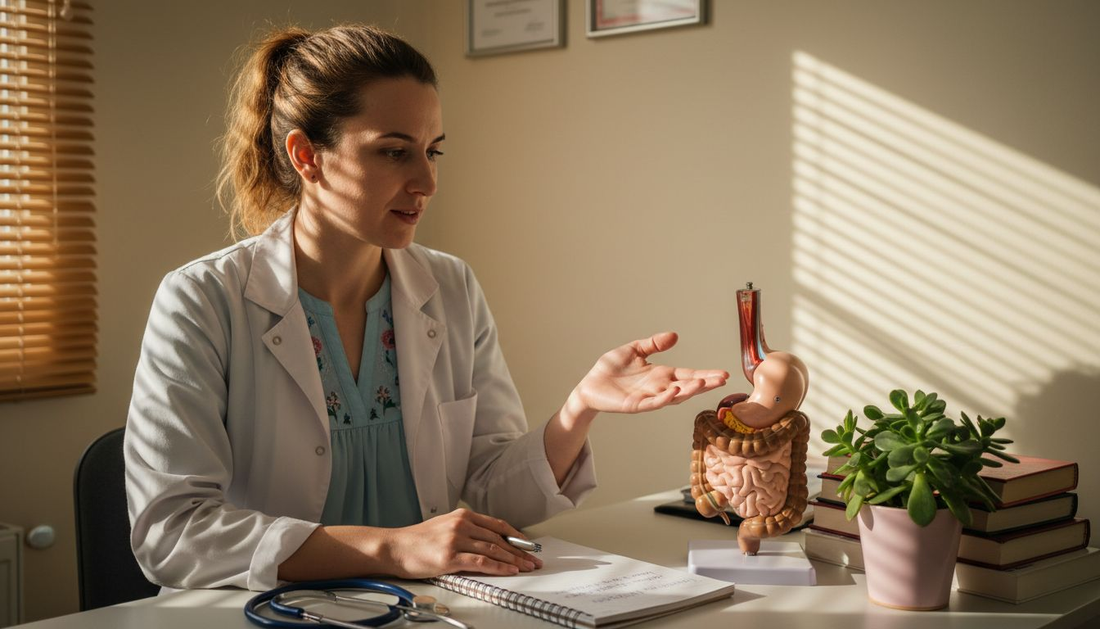 Лекар показва на пациент модел на храносмилателната система и обяснява как функционира тя.