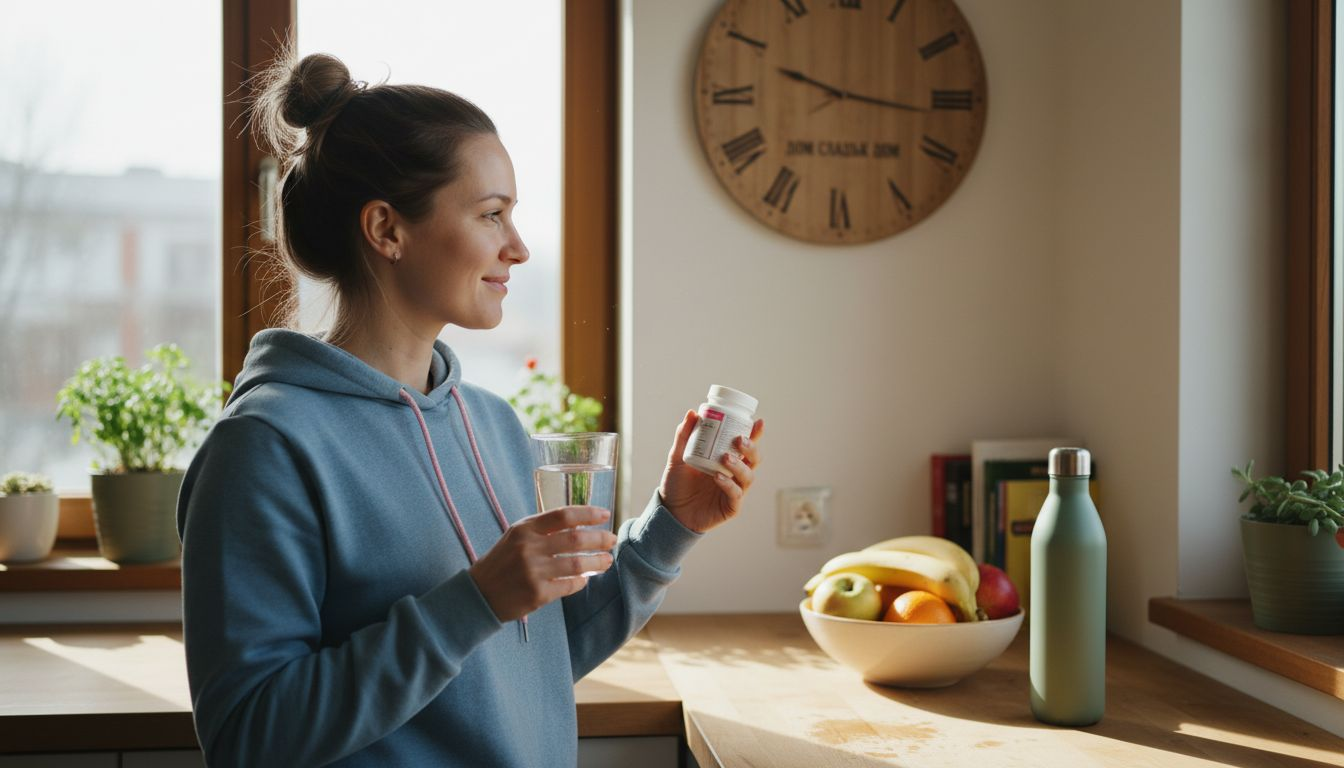 Жена подготвя освежителна напитка с вода и добавки в уютната си слънчева кухня.