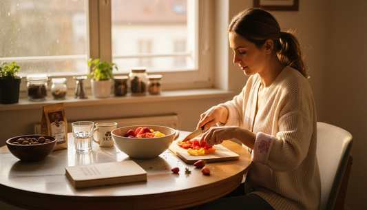 Жена приготвя свежа салата, богата на антиоксиданти, в домашни условия.