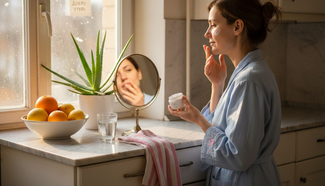 Жена нанася крем за лице, докато приготвя закуска в кухнята сутринта.