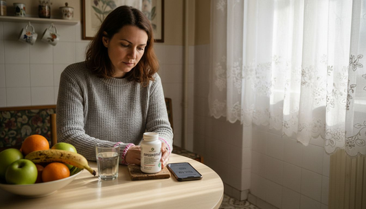 Жена разглежда етикета на хранителна добавка, седнала на масата в кухнята.