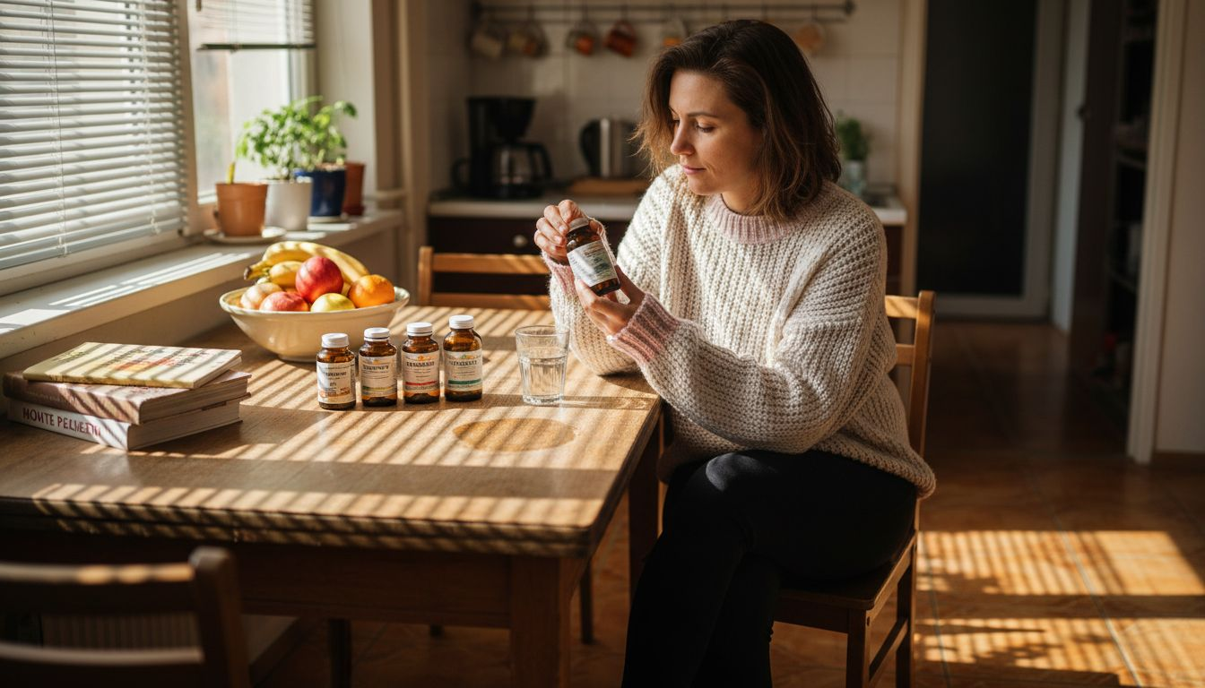 Жена в кухнята разглежда добавки за контрол на апетита, като внимателно чете етикетите и сравнява различните продукти, за да избере най-подходящия за себе си.