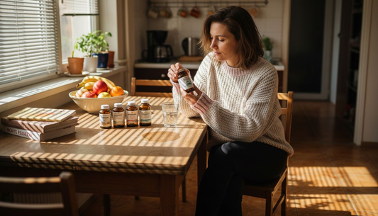 Жена в кухнята разглежда добавки за контрол на апетита, като внимателно чете етикетите и сравнява различните продукти, за да избере най-подходящия за себе си.